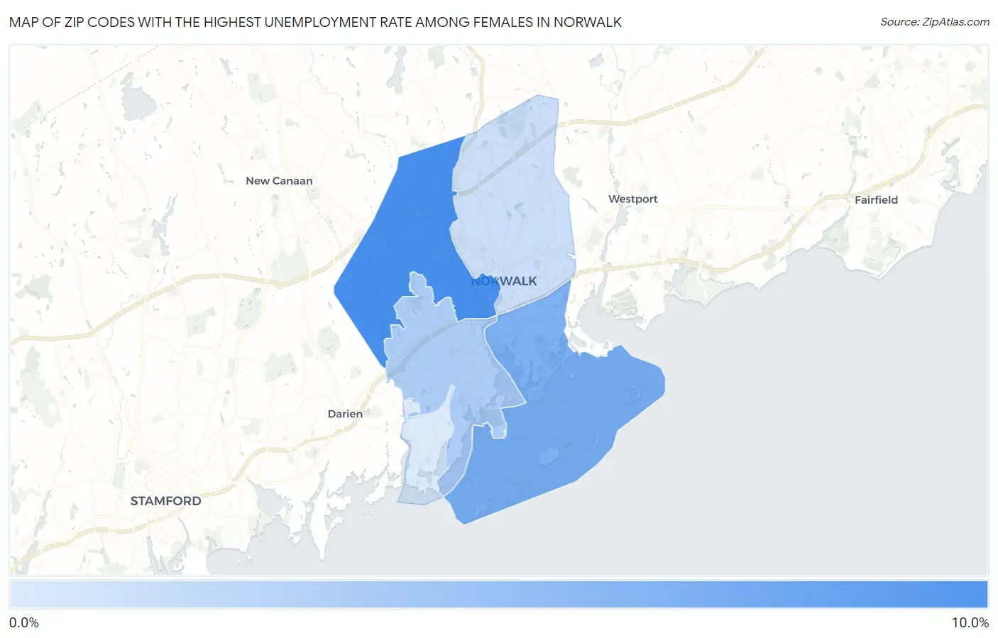 Zip Codes with the Highest Unemployment Rate Among Females in Norwalk Map