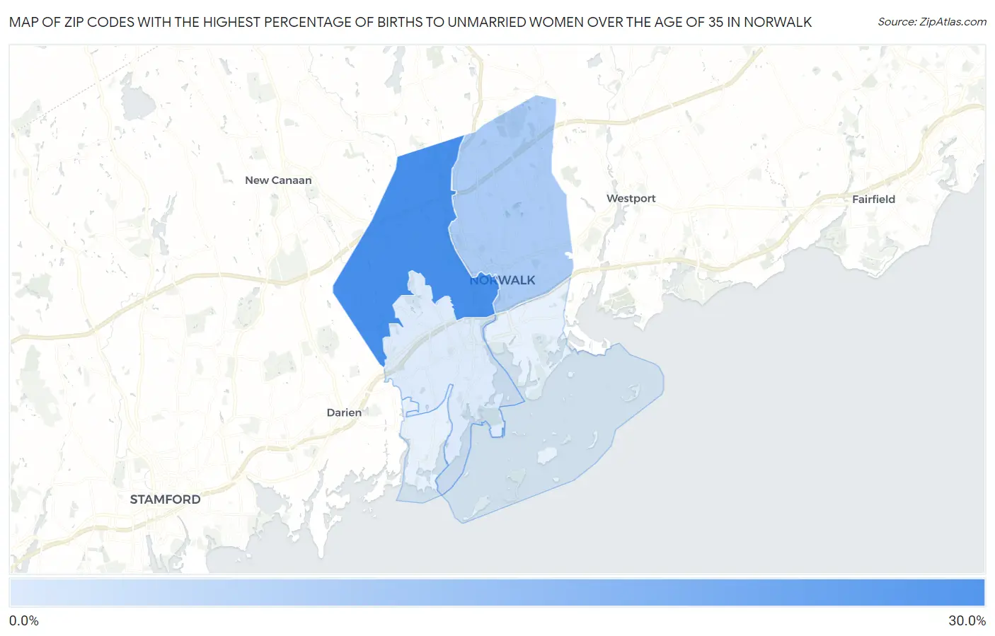 Zip Codes with the Highest Percentage of Births to Unmarried Women over the Age of 35 in Norwalk Map