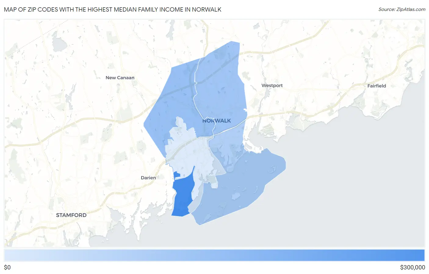 Zip Codes with the Highest Median Family Income in Norwalk Map