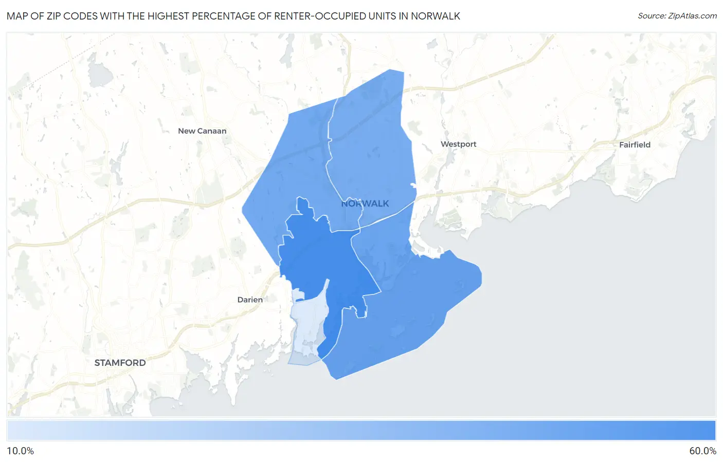 Zip Codes with the Highest Percentage of Renter-Occupied Units in Norwalk Map
