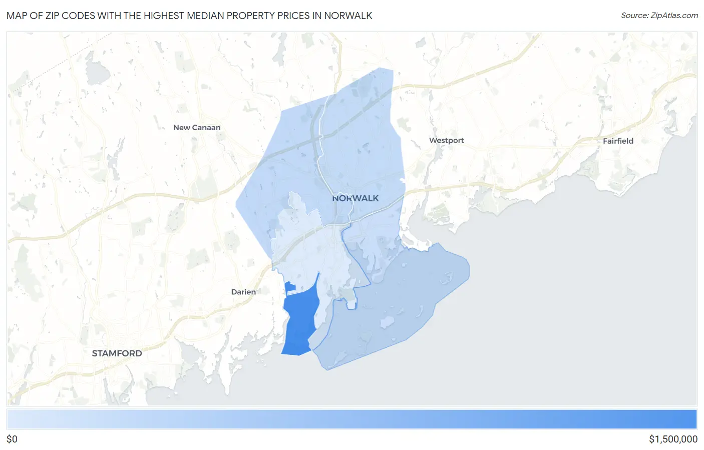 Zip Codes with the Highest Median Property Prices in Norwalk Map