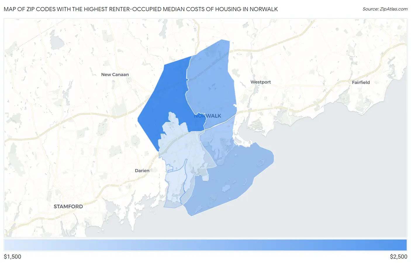 Zip Codes with the Highest Renter-Occupied Median Costs of Housing in Norwalk Map