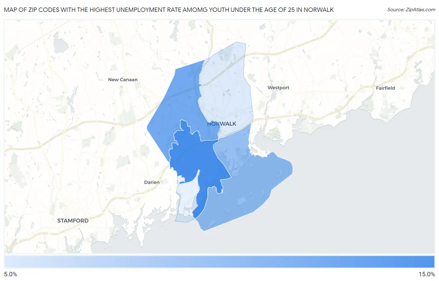 Zip Codes with the Highest Unemployment Rate Amomg Youth Under the Age of 25 in Norwalk Map
