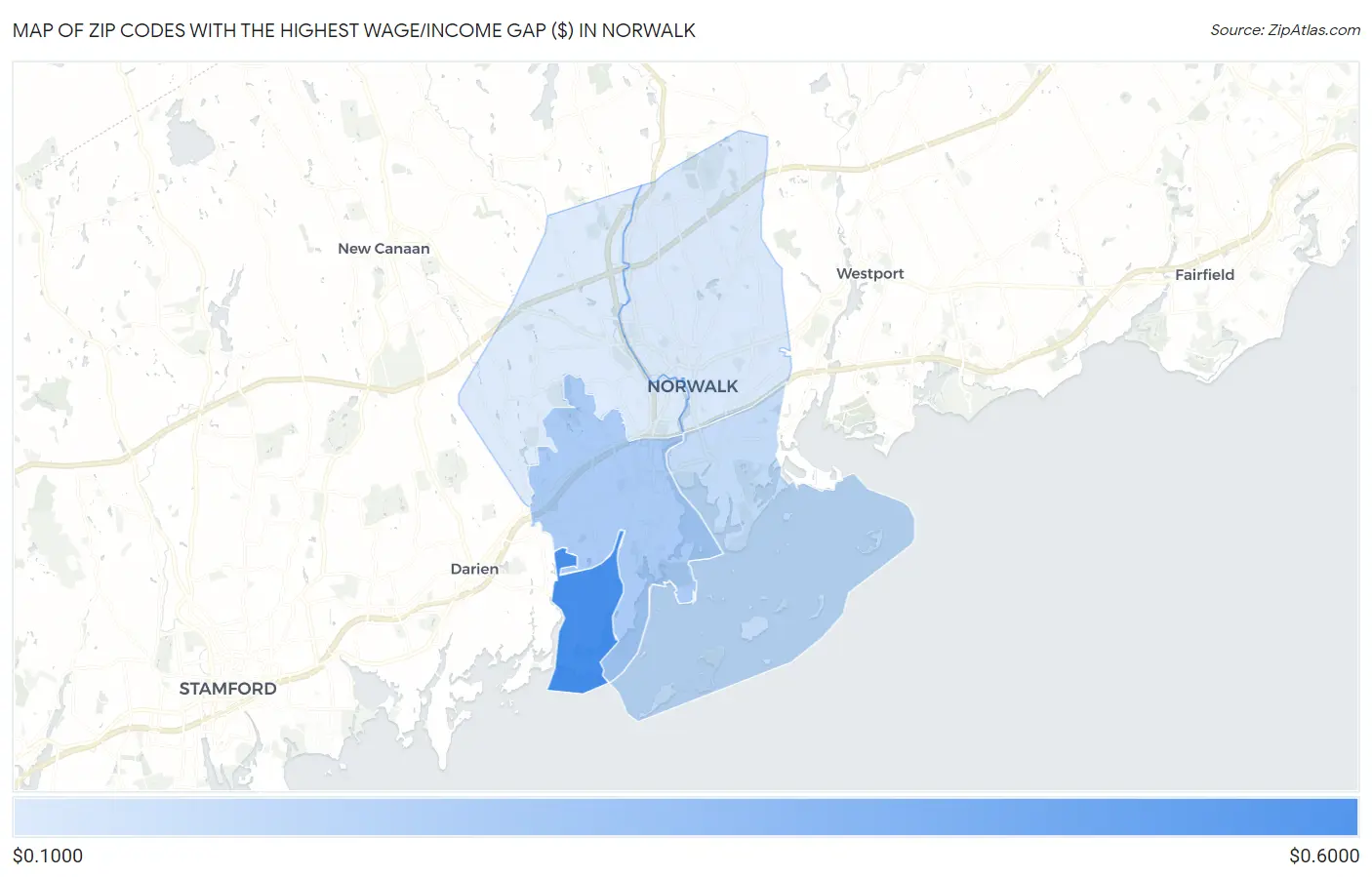 Zip Codes with the Highest Wage/Income Gap ($) in Norwalk Map