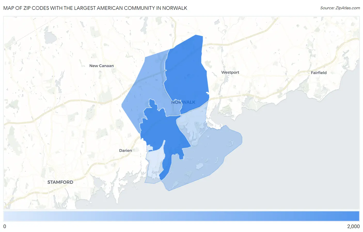 Zip Codes with the Largest American Community in Norwalk Map