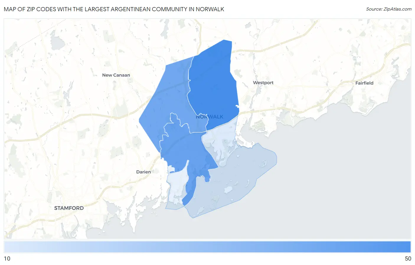 Zip Codes with the Largest Argentinean Community in Norwalk Map