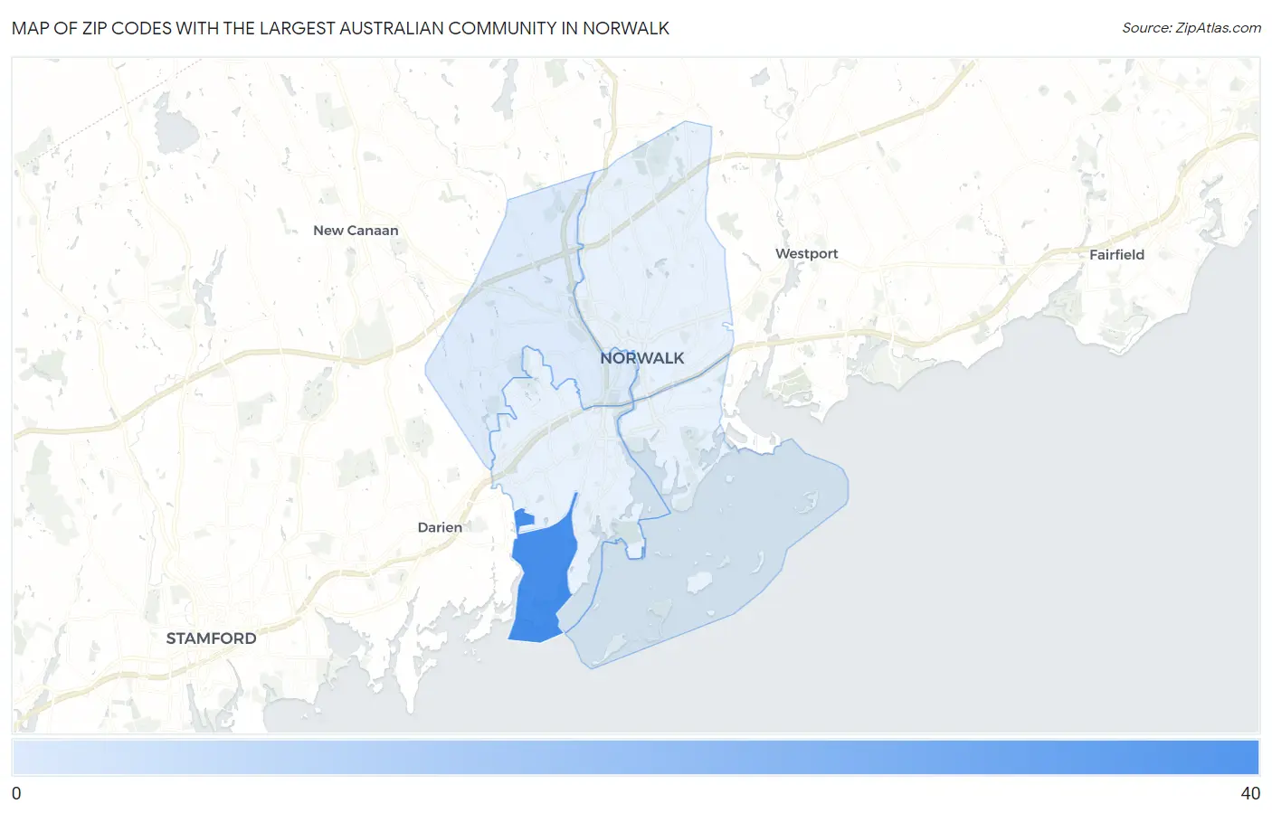Zip Codes with the Largest Australian Community in Norwalk Map