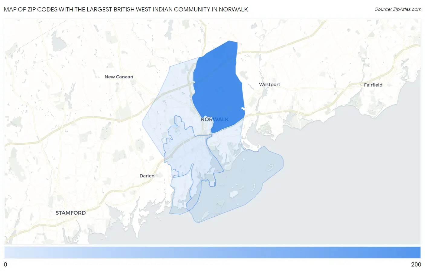 Zip Codes with the Largest British West Indian Community in Norwalk Map