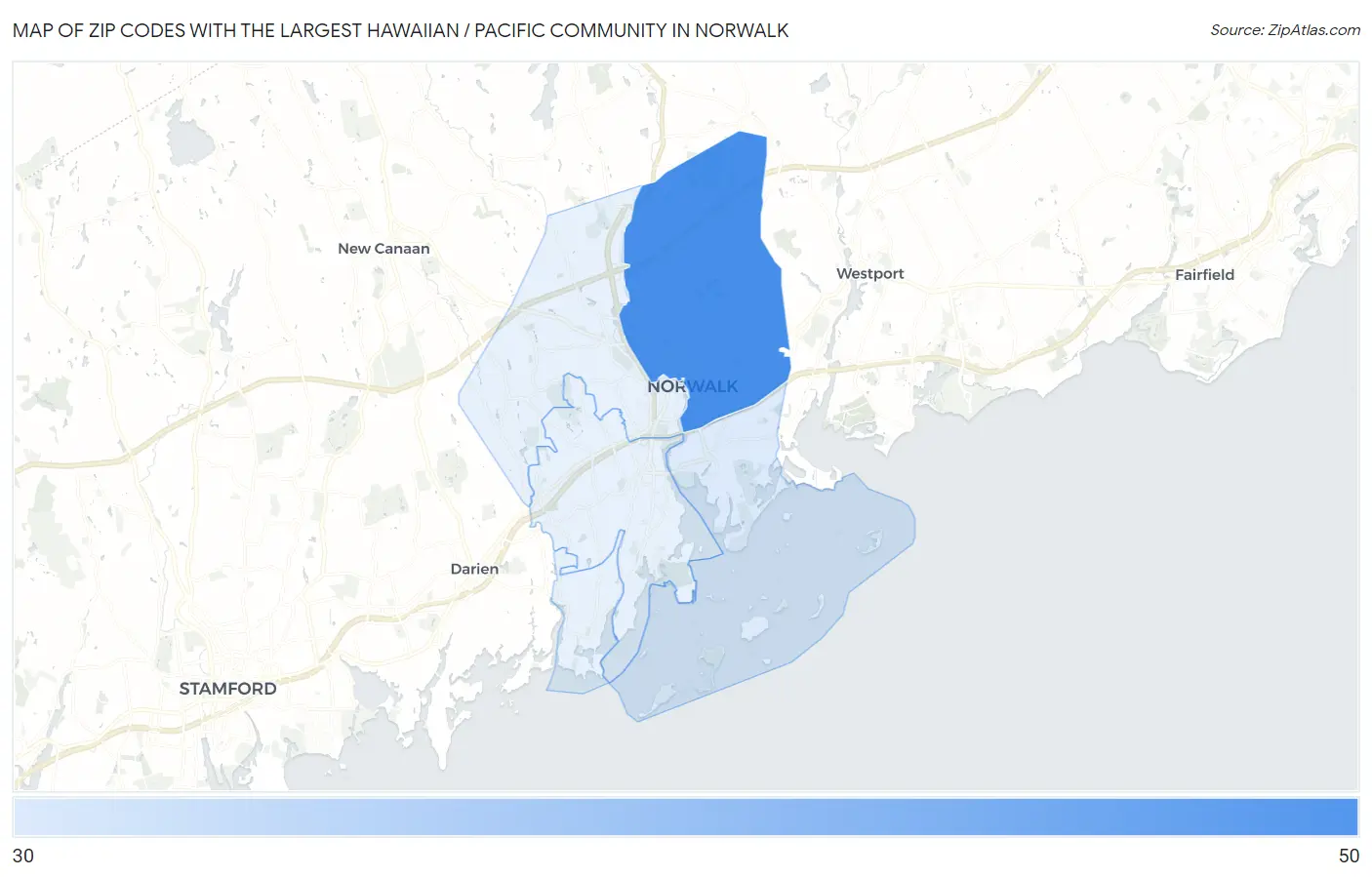 Zip Codes with the Largest Hawaiian / Pacific Community in Norwalk Map