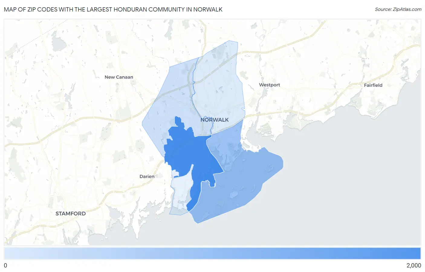 Zip Codes with the Largest Honduran Community in Norwalk Map