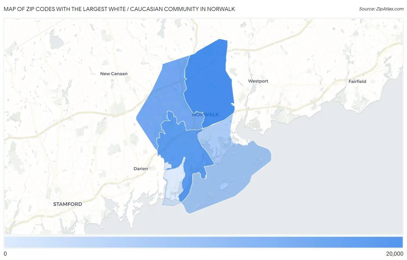 Zip Codes with the Largest White / Caucasian Community in Norwalk Map