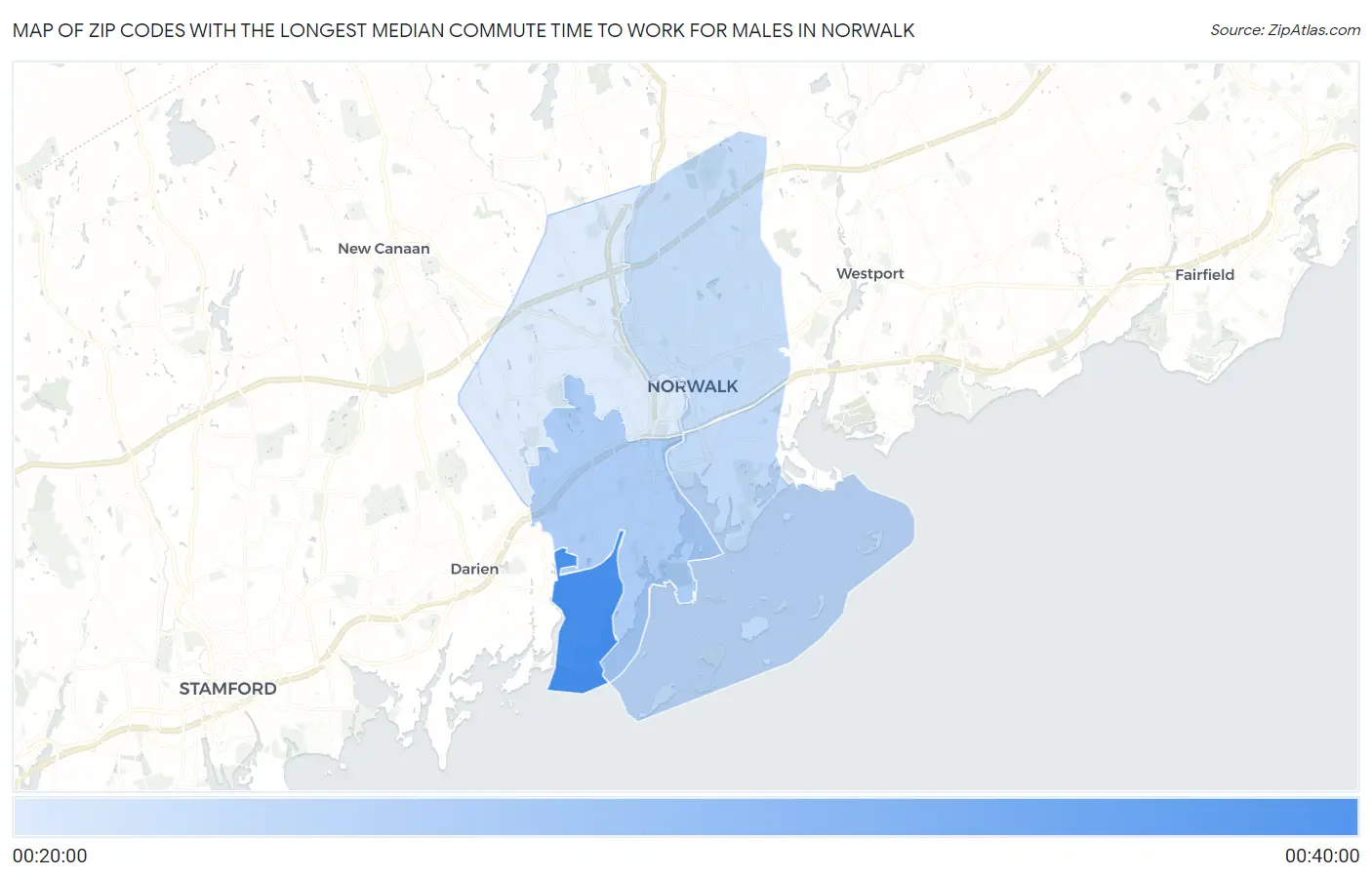 Zip Codes with the Longest Median Commute Time to Work for Males in Norwalk Map