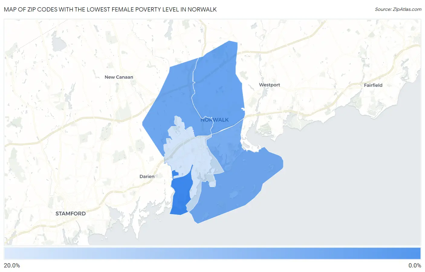Zip Codes with the Lowest Female Poverty Level in Norwalk Map