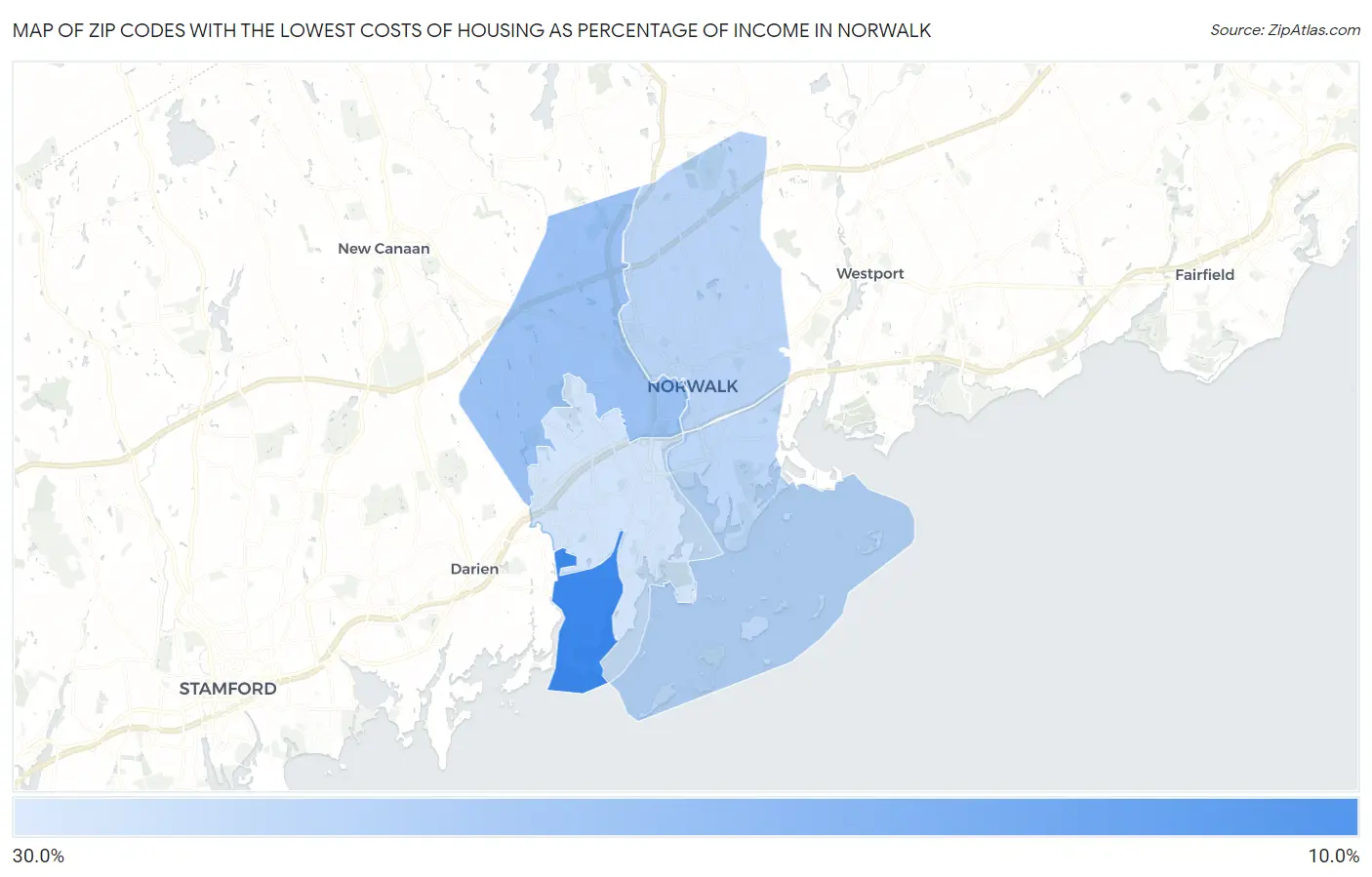 Zip Codes with the Lowest Costs of Housing as Percentage of Income in Norwalk Map