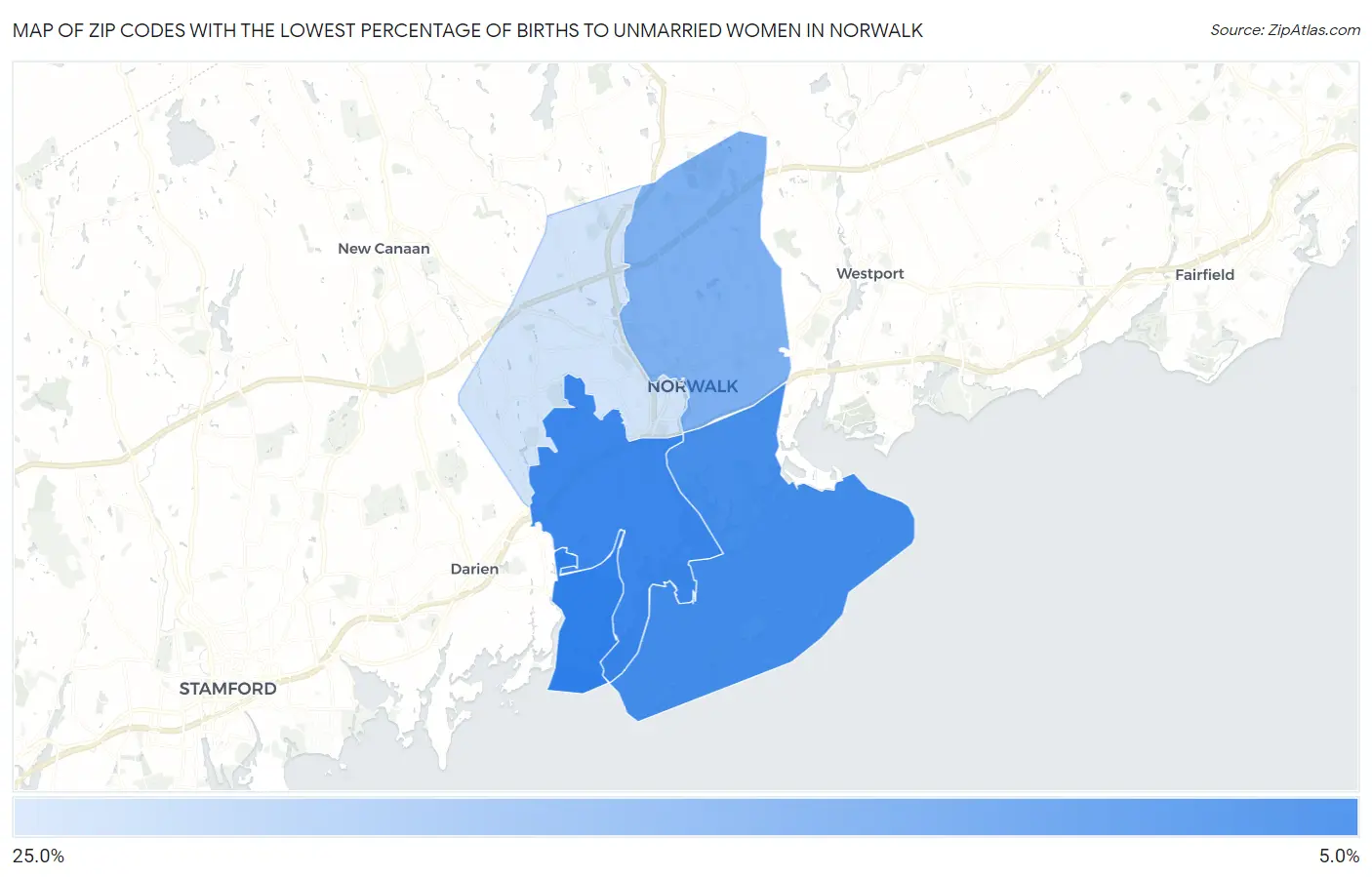 Zip Codes with the Lowest Percentage of Births to Unmarried Women in Norwalk Map