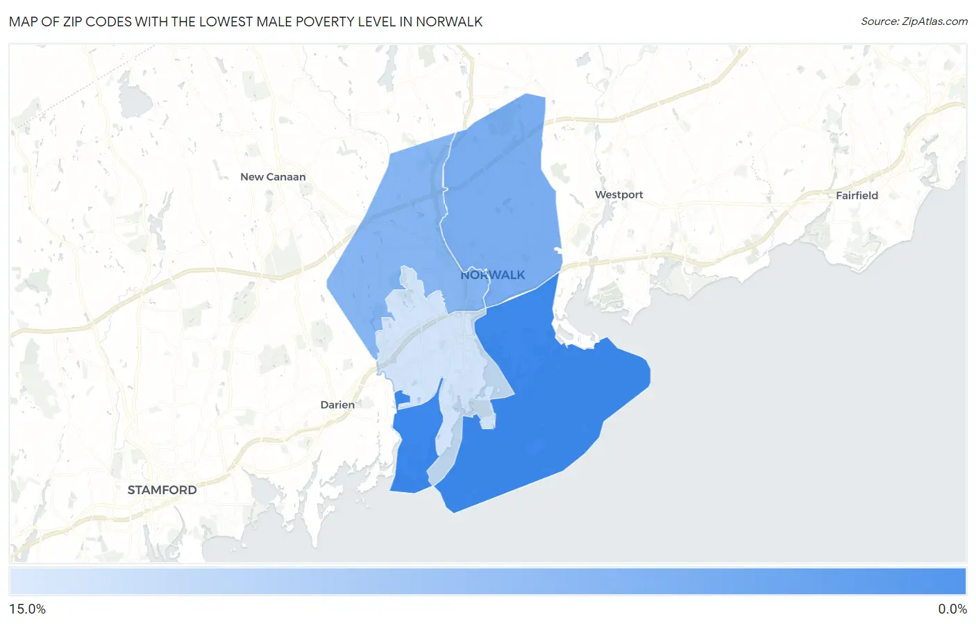 Zip Codes with the Lowest Male Poverty Level in Norwalk Map