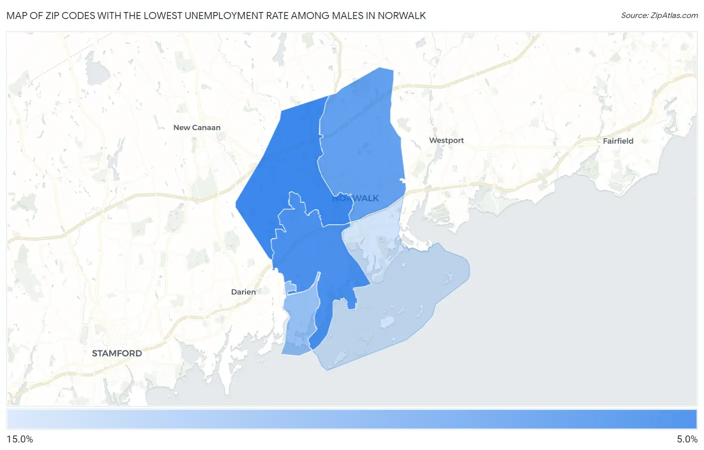 Zip Codes with the Lowest Unemployment Rate Among Males in Norwalk Map