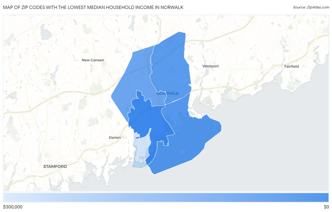 Zip Codes with the Lowest Median Household Income in Norwalk Map