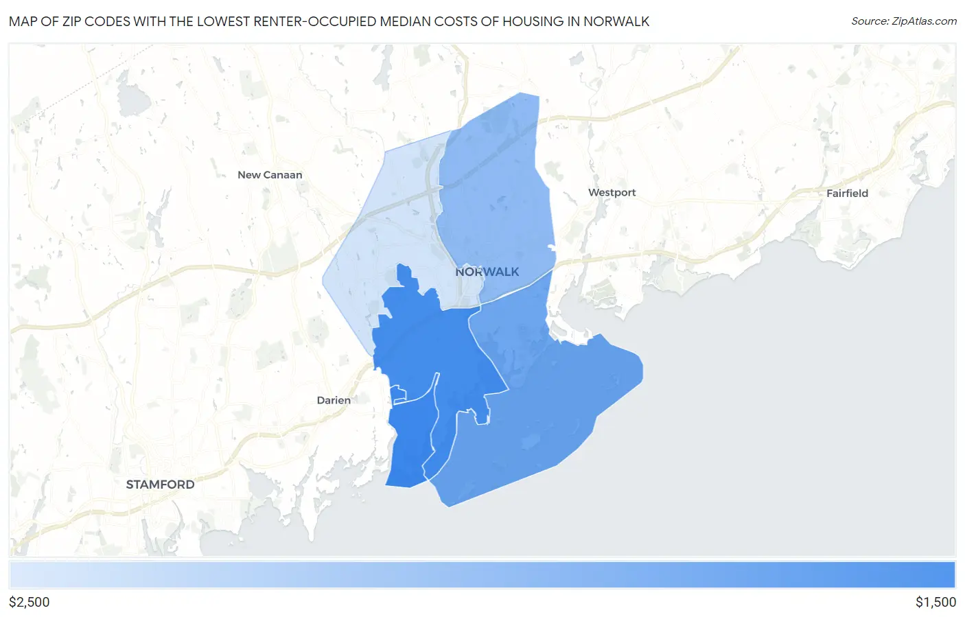 Zip Codes with the Lowest Renter-Occupied Median Costs of Housing in Norwalk Map