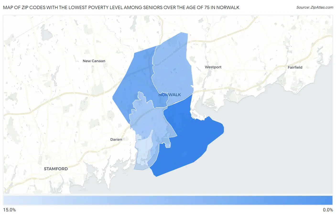 Zip Codes with the Lowest Poverty Level Among Seniors Over the Age of 75 in Norwalk Map