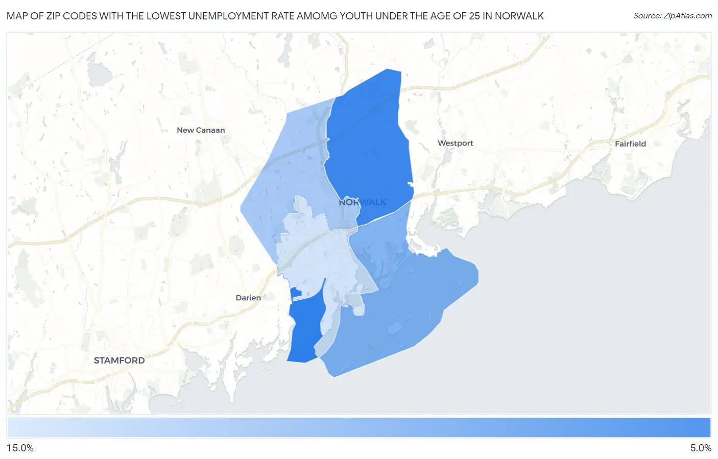 Zip Codes with the Lowest Unemployment Rate Amomg Youth Under the Age of 25 in Norwalk Map