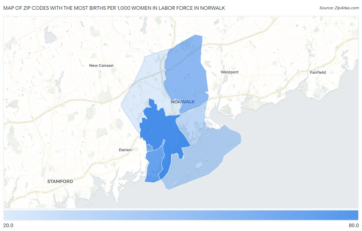Zip Codes with the Most Births per 1,000 Women in Labor Force in Norwalk Map