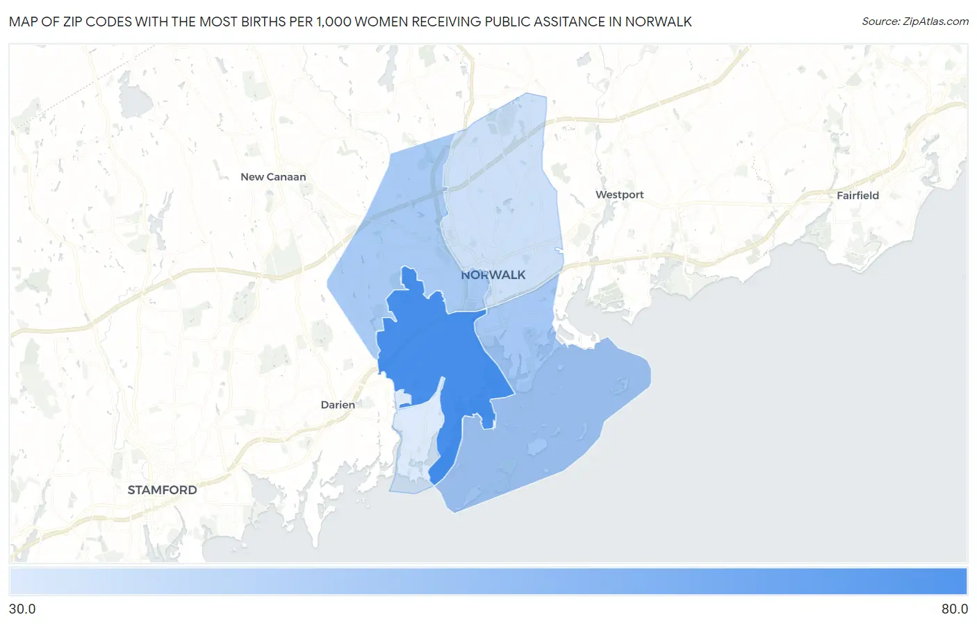 Zip Codes with the Most Births per 1,000 Women Receiving Public Assitance in Norwalk Map