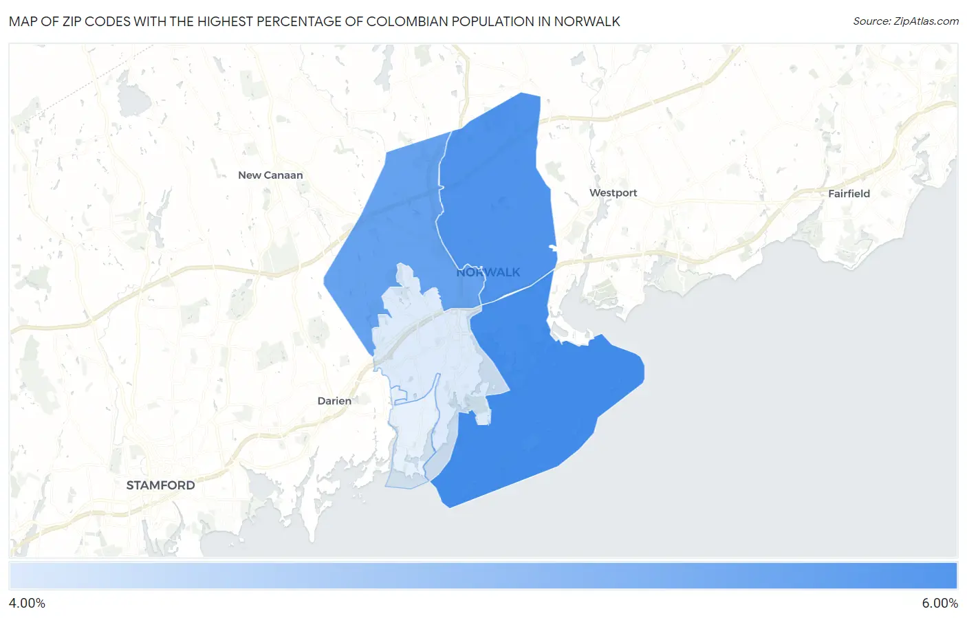 Zip Codes with the Highest Percentage of Colombian Population in Norwalk Map