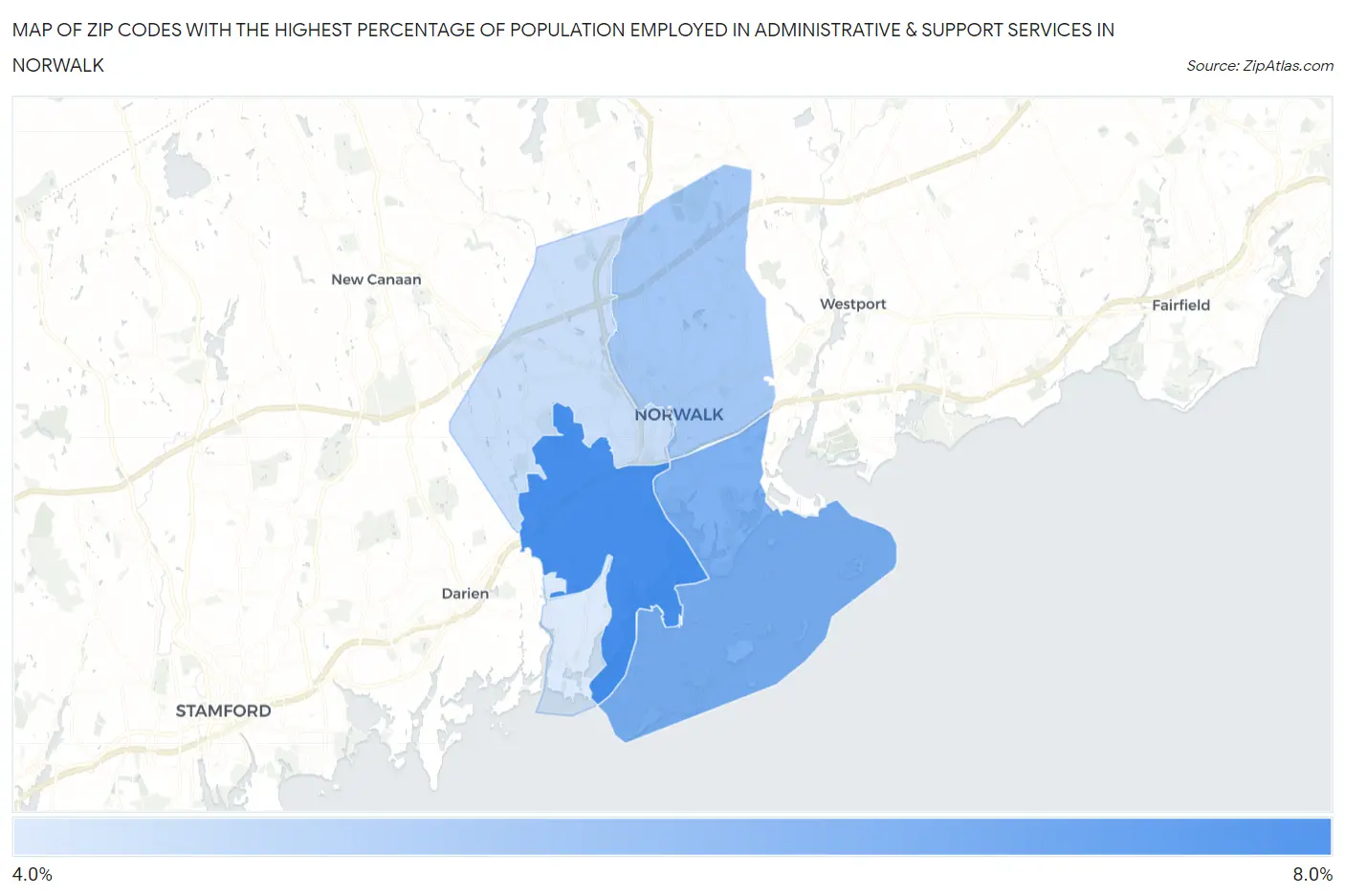 Zip Codes with the Highest Percentage of Population Employed in Administrative & Support Services in Norwalk Map