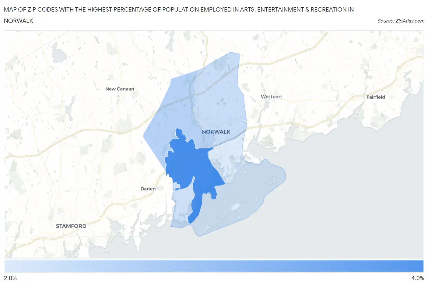 Zip Codes with the Highest Percentage of Population Employed in Arts, Entertainment & Recreation in Norwalk Map