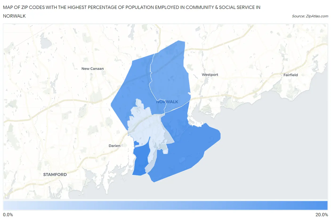 Zip Codes with the Highest Percentage of Population Employed in Community & Social Service  in Norwalk Map