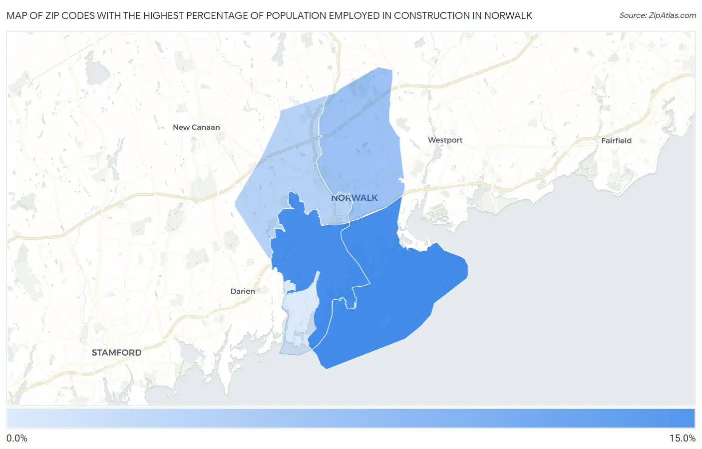 Zip Codes with the Highest Percentage of Population Employed in Construction in Norwalk Map