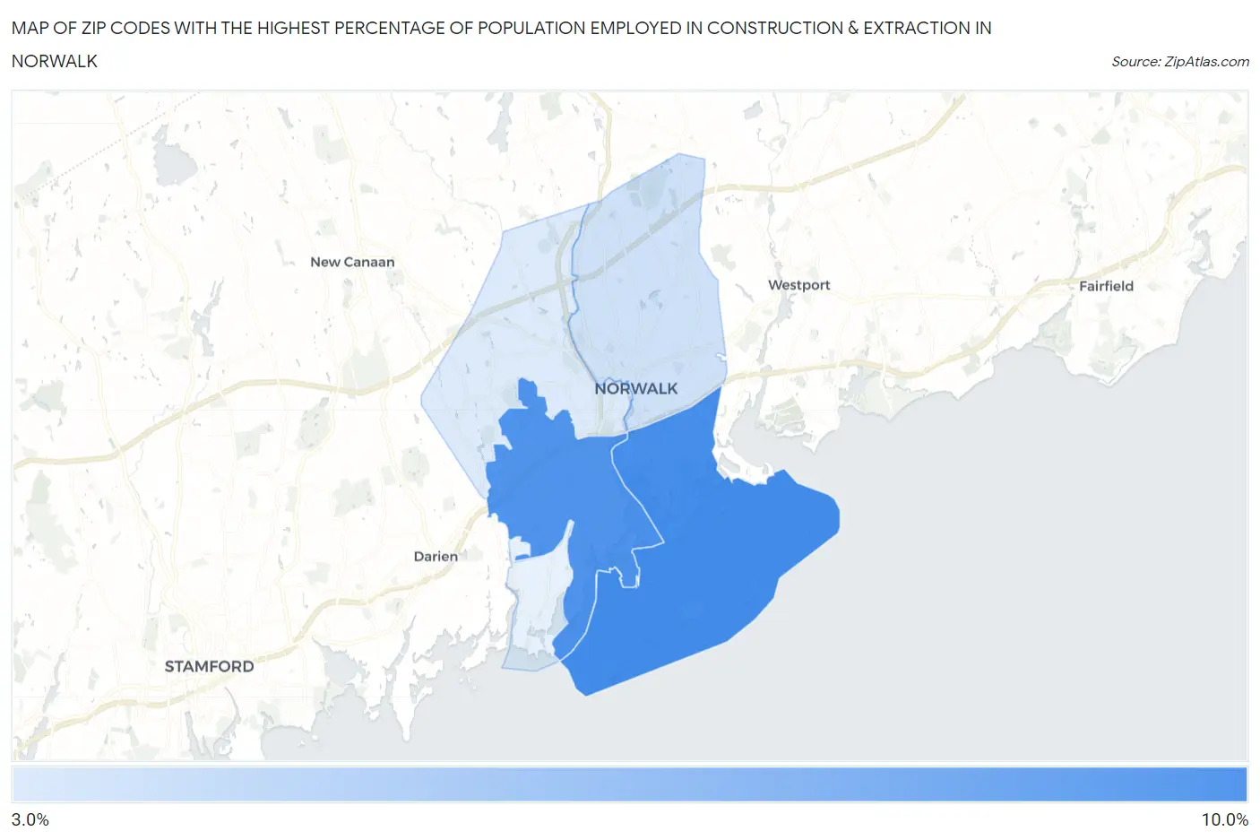 Zip Codes with the Highest Percentage of Population Employed in Construction & Extraction in Norwalk Map
