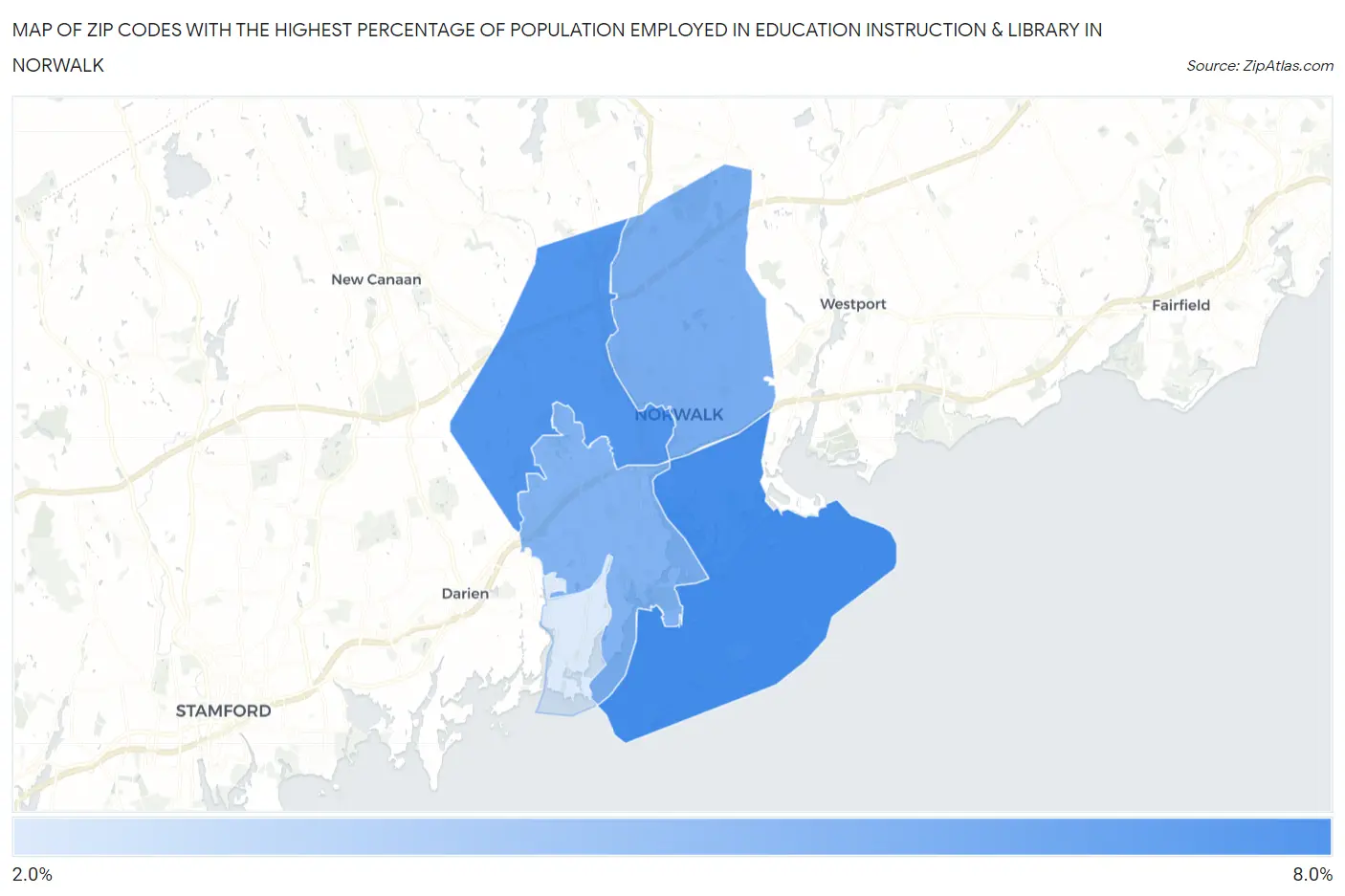 Zip Codes with the Highest Percentage of Population Employed in Education Instruction & Library in Norwalk Map