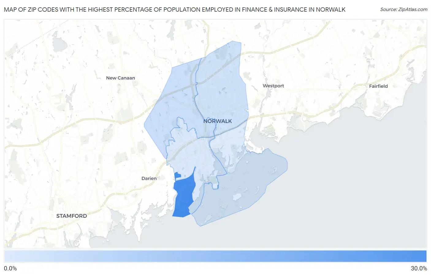 Zip Codes with the Highest Percentage of Population Employed in Finance & Insurance in Norwalk Map