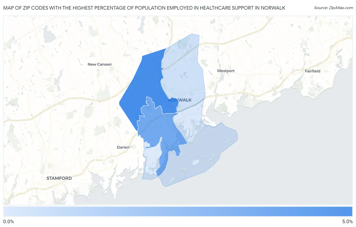 Zip Codes with the Highest Percentage of Population Employed in Healthcare Support in Norwalk Map
