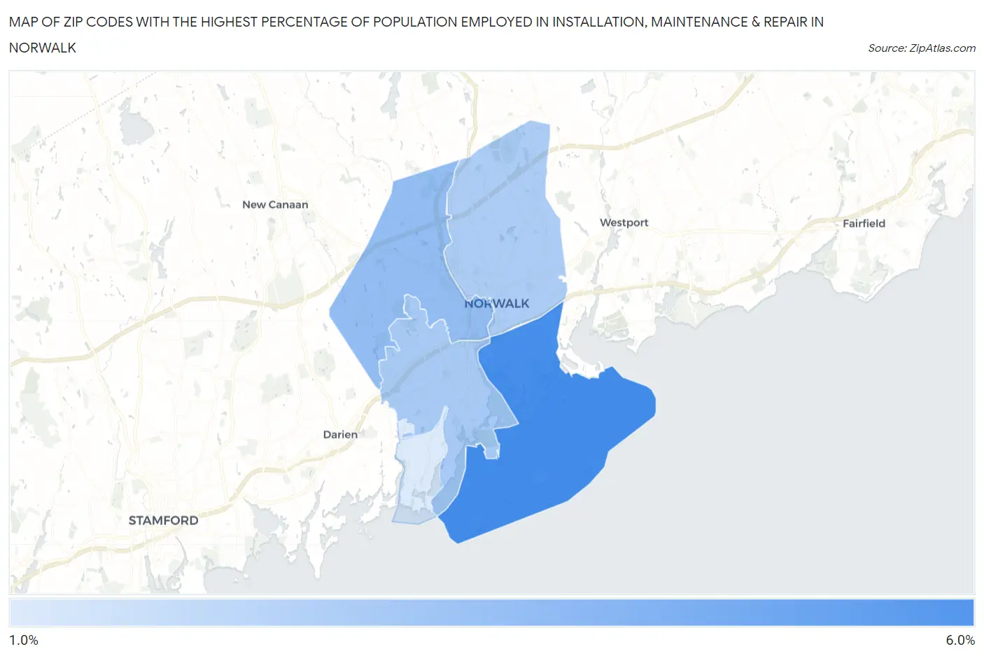 Zip Codes with the Highest Percentage of Population Employed in Installation, Maintenance & Repair in Norwalk Map