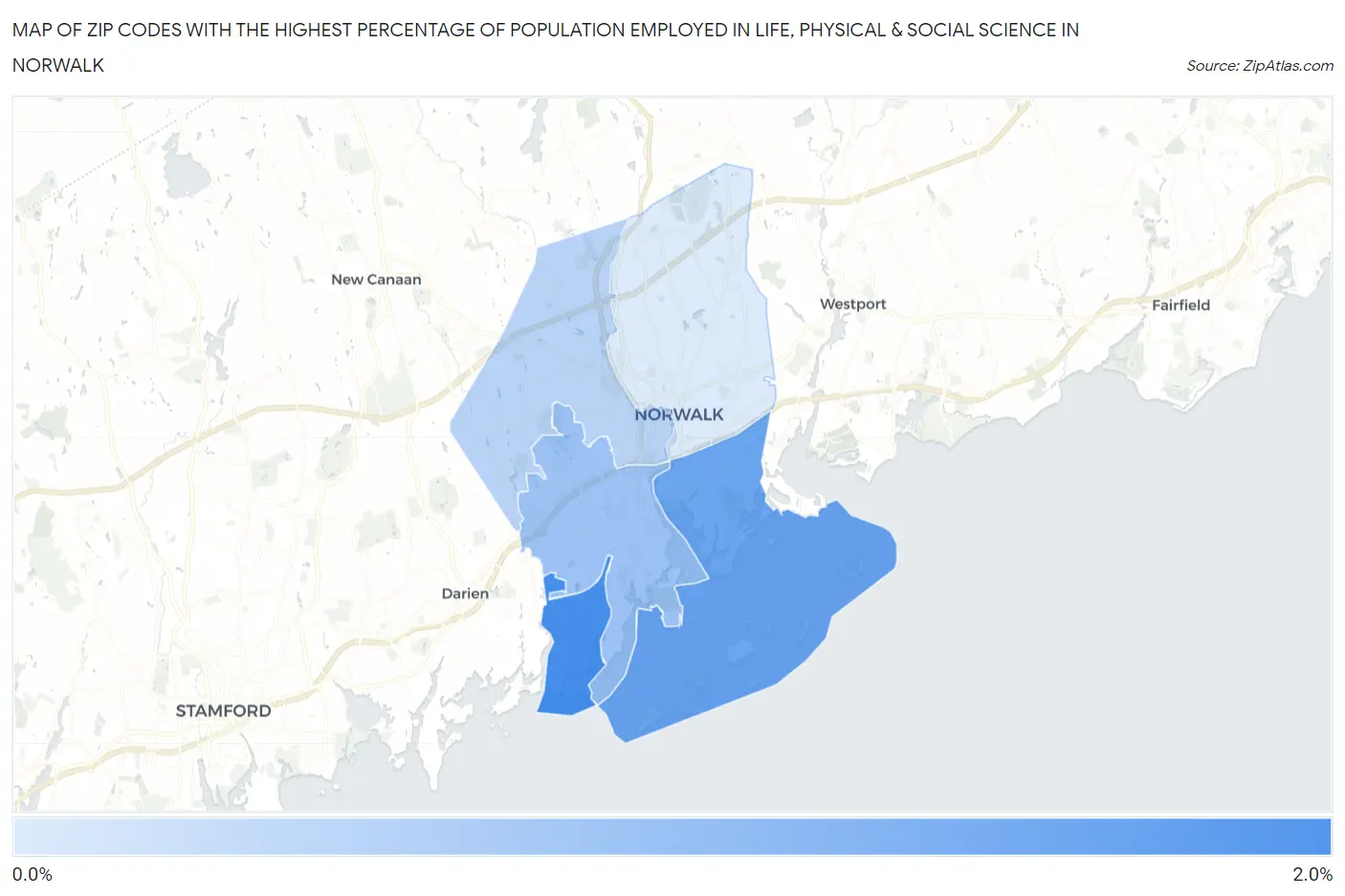 Zip Codes with the Highest Percentage of Population Employed in Life, Physical & Social Science in Norwalk Map