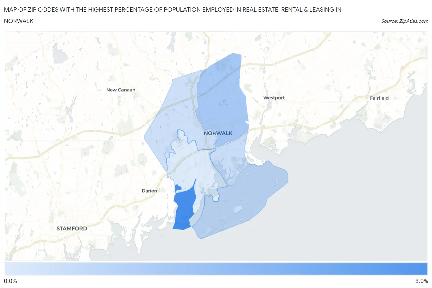 Zip Codes with the Highest Percentage of Population Employed in Real Estate, Rental & Leasing in Norwalk Map