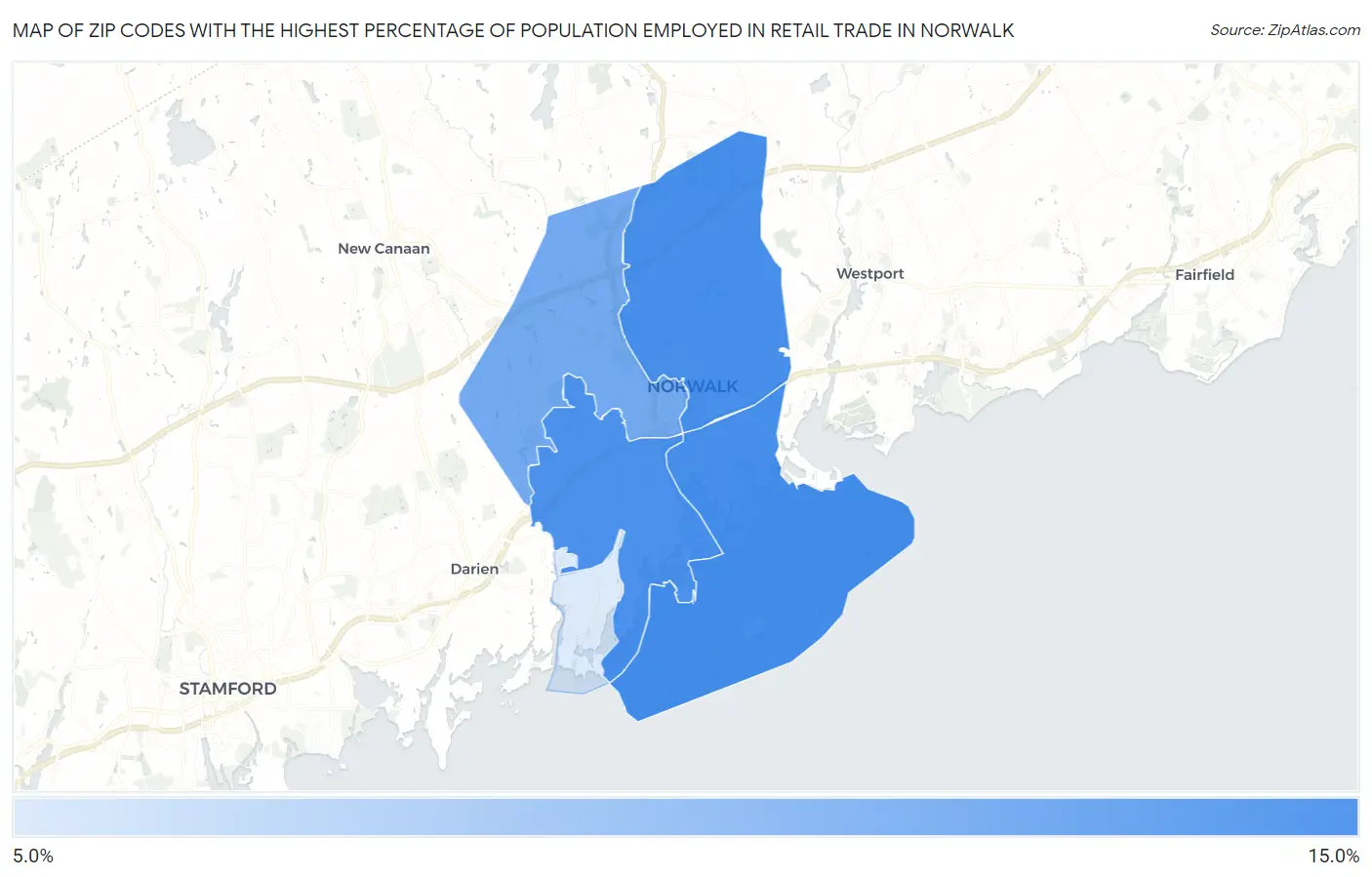 Zip Codes with the Highest Percentage of Population Employed in Retail Trade in Norwalk Map