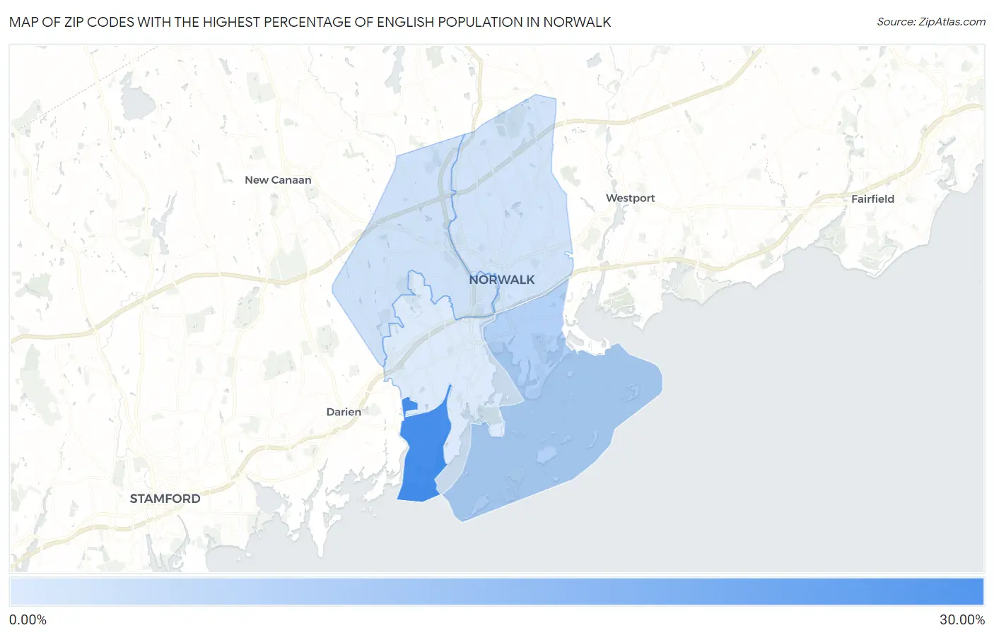 Zip Codes with the Highest Percentage of English Population in Norwalk Map