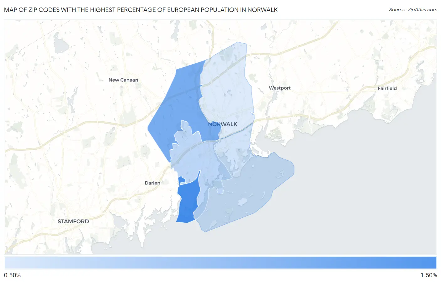Zip Codes with the Highest Percentage of European Population in Norwalk Map