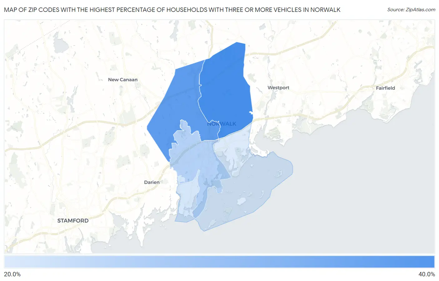 Zip Codes with the Highest Percentage of Households With Three or more Vehicles in Norwalk Map