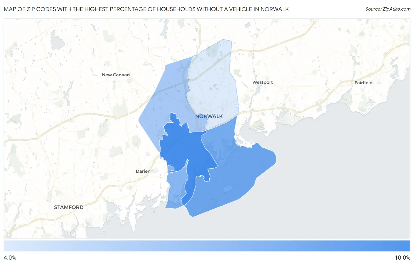 Zip Codes with the Highest Percentage of Households Without a Vehicle in Norwalk Map