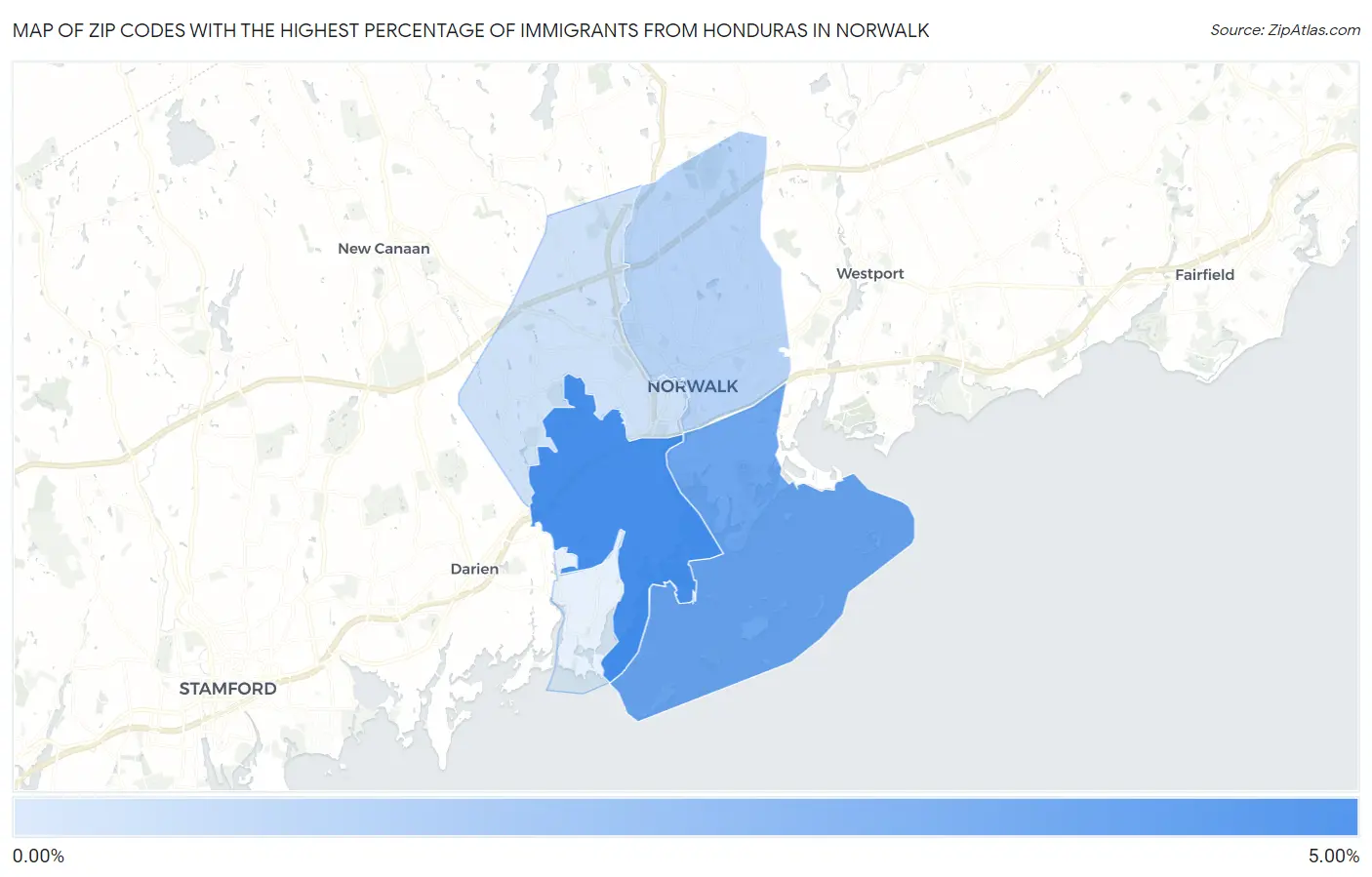 Zip Codes with the Highest Percentage of Immigrants from Honduras in Norwalk Map