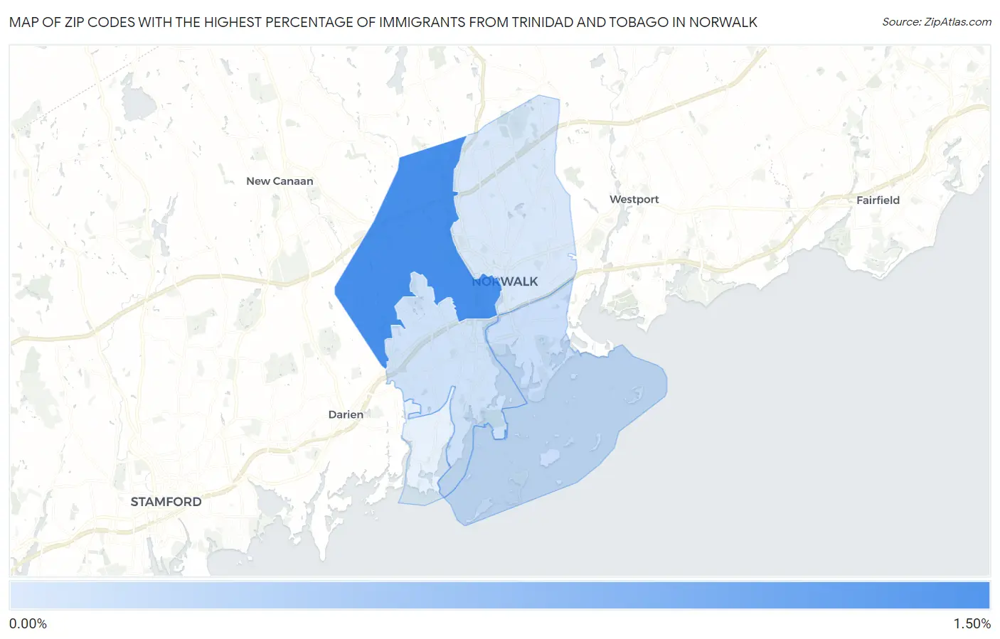 Zip Codes with the Highest Percentage of Immigrants from Trinidad and Tobago in Norwalk Map