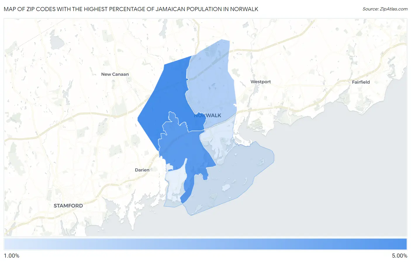 Zip Codes with the Highest Percentage of Jamaican Population in Norwalk Map