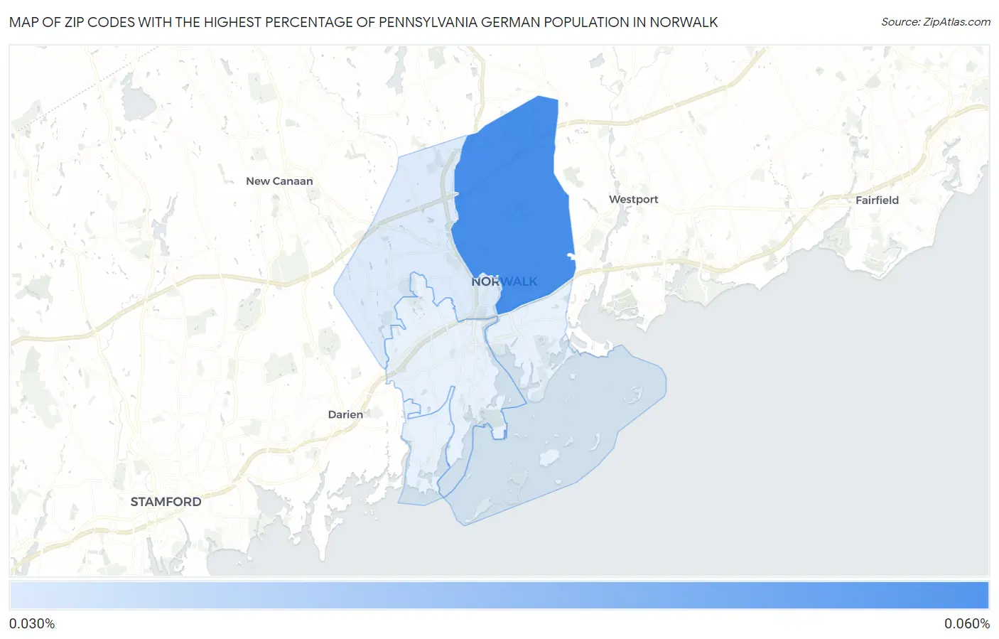 Zip Codes with the Highest Percentage of Pennsylvania German Population in Norwalk Map