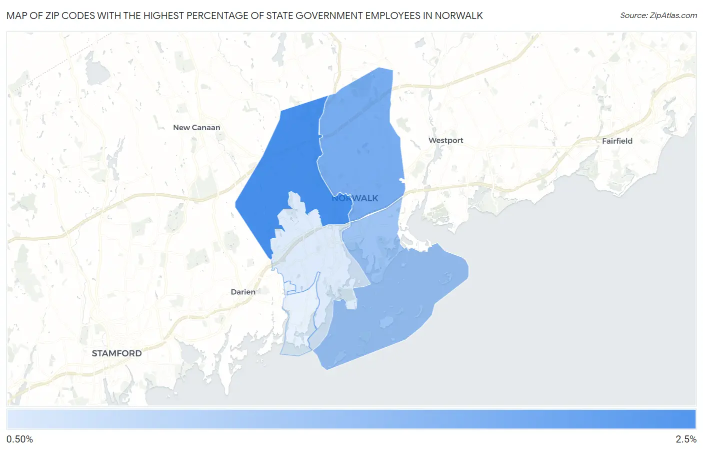 Zip Codes with the Highest Percentage of State Government Employees in Norwalk Map