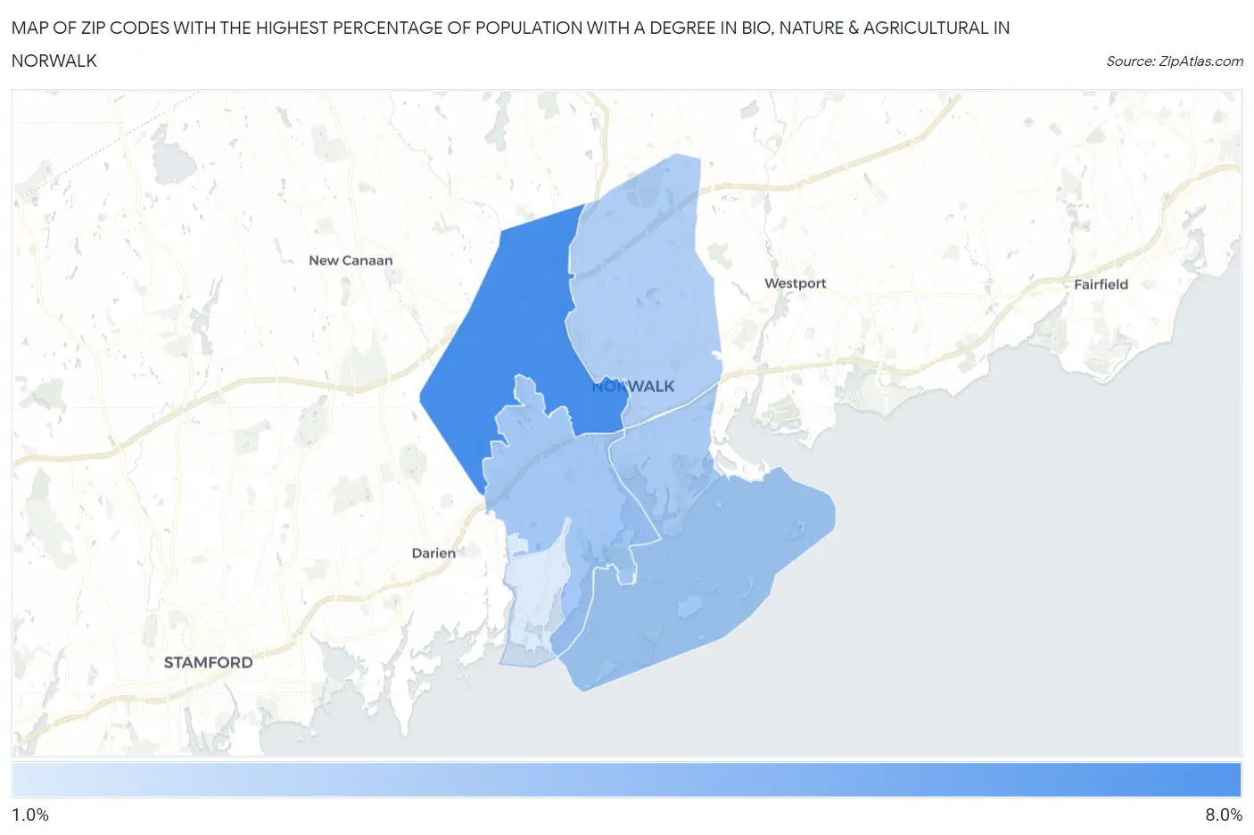 Zip Codes with the Highest Percentage of Population with a Degree in Bio, Nature & Agricultural in Norwalk Map